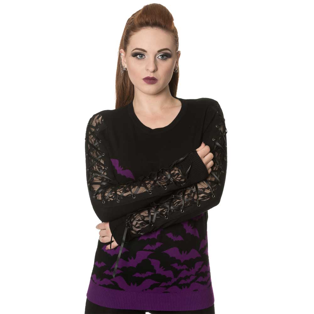 Banned Banned Gebreide trui Haunted diva ZwartPaars Haunted Diva gebreide dames trui met vleermuizen patroon en